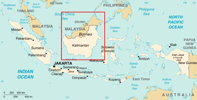 Situación de la isla de Borneo