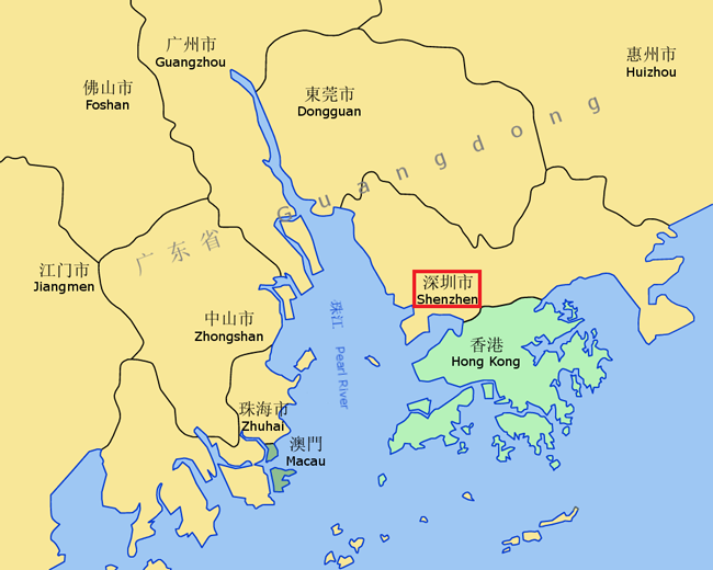 La ciudad de Shenzhen en el mapa