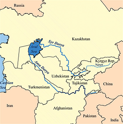 Localización del desierto Kyzyl Kum entre los ríos Amu Daria y Sir Daria