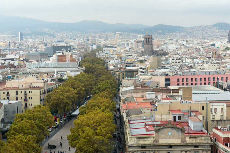 A la derecha de la imagen, la basílica de Santa Maria del Pino, vista desde el monumento a Colón