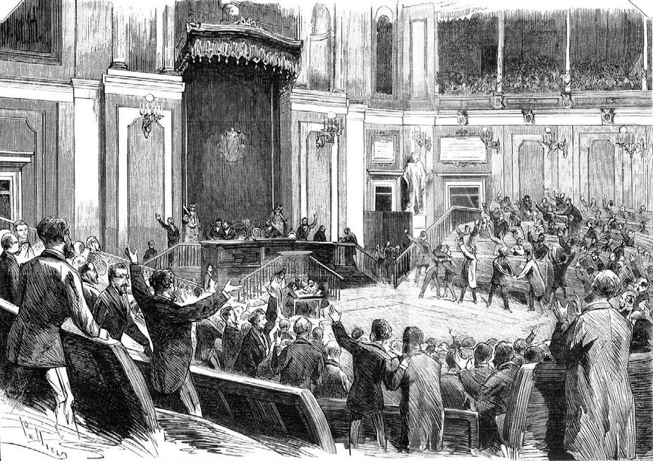 Madrid, proclamación de la república por la Asamblea nacional, en la revista española La Ilustración Española y Americana