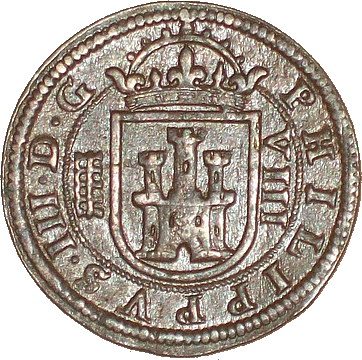 Reverso de moneda de 8 maravedís (cobre) de Felipe III con 'ceca' de Segovia del año 1607