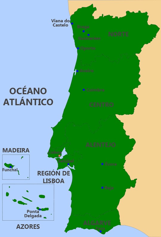 Mapa de las regiones de Portugal